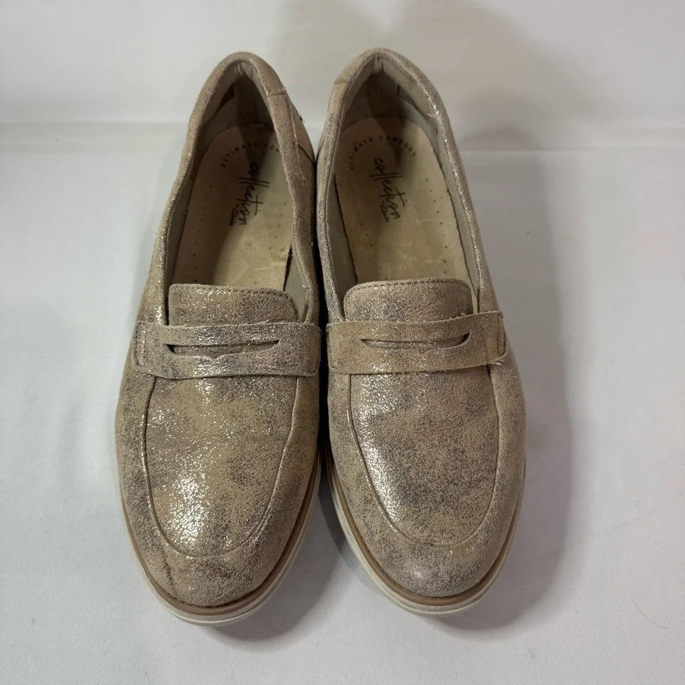 Clarks Sharon Ranch Penny Loafer Platform Suede Gold Pewter  Metallic‎ Size 9